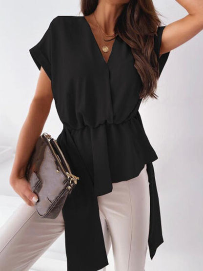 Solid Color Belt V Neck Short Sleeve Blouses Regular Ladies Fashion Top