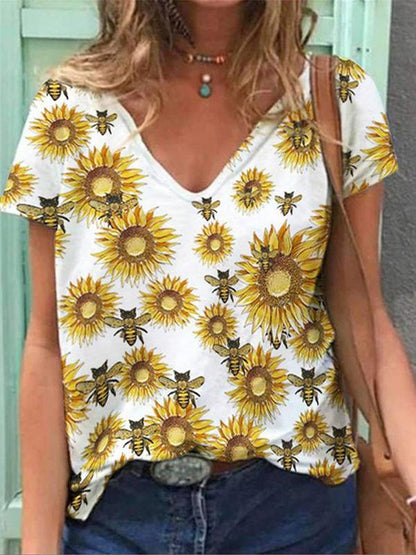 Floral V-Neck Short Sleeve T-Shirt Regular Women's Fashion Top