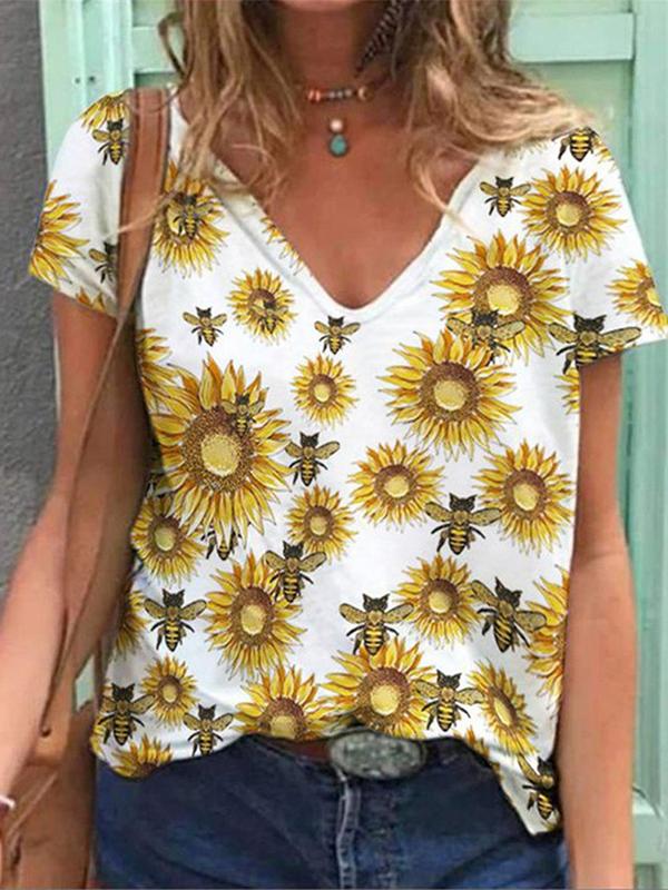 Floral V-Neck Short Sleeve T-Shirt Regular Women's Fashion Top