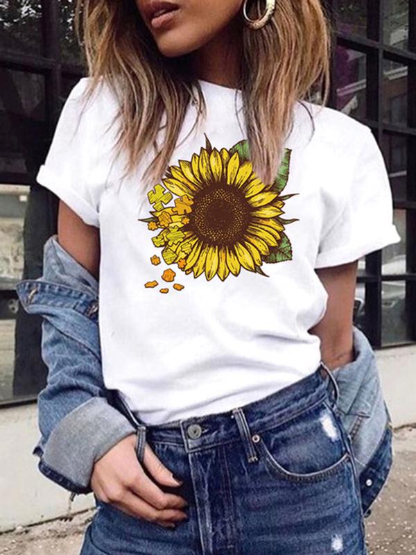 Floral Print Round Neck Short Sleeve Casual Women Tops T-Shirt Tops