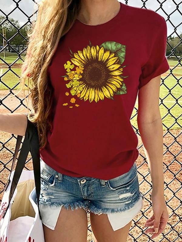 Floral Print Round Neck Short Sleeve Casual Women Tops T-Shirt Tops