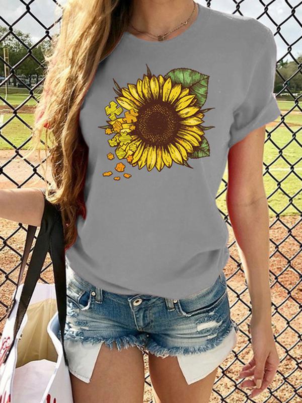 Floral Print Round Neck Short Sleeve Casual Women Tops T-Shirt Tops