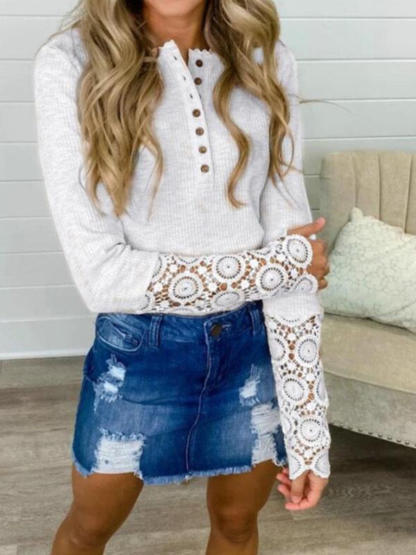 Patchwork Lace Buttons Single Breasted Round Neck Long Sleeve Regular T-Shirt Women Fashion Blouses Top