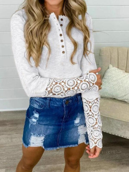 Patchwork Lace Buttons Single Breasted Round Neck Long Sleeve Regular T-Shirt Women Fashion Blouses Top