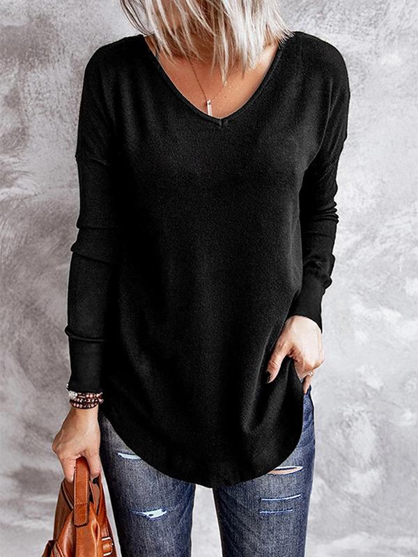 Solid Color Back Lacing Round Neck Long Sleeve T-Shirt Long Ladies Fashion Top