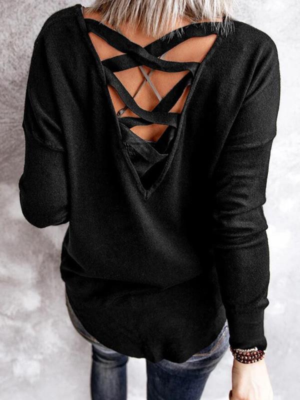 Solid Color Back Lacing Round Neck Long Sleeve T-Shirt Long Ladies Fashion Top