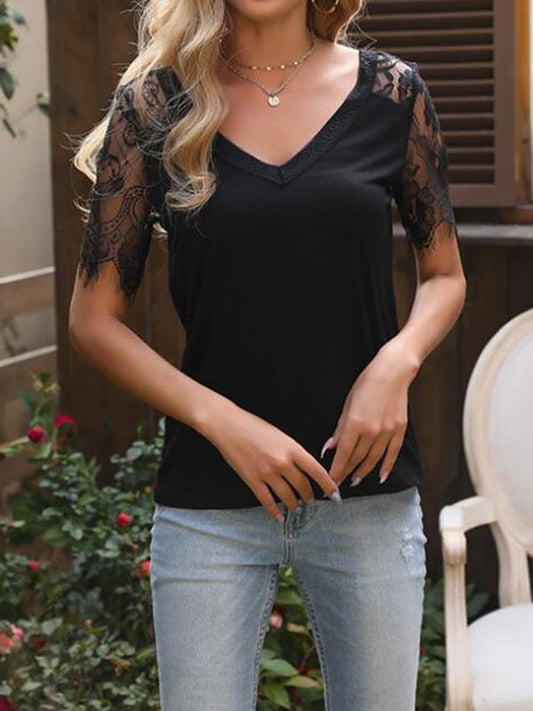 Patchwork Lace V-Neck Short Sleeve T-Shirt Regular Women Fashion Top