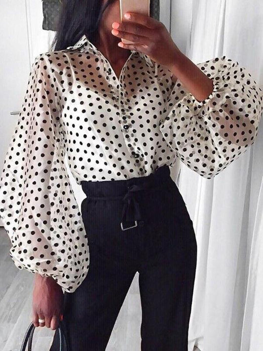 Polka Dot Transparent Turn-Down Collar Long Sleeve Women Blouses