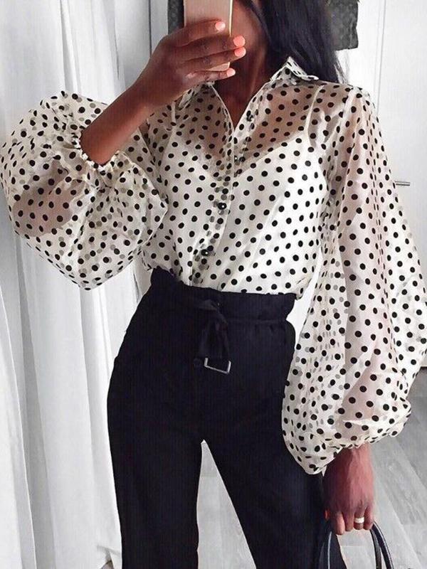 Polka Dot Transparent Turn-Down Collar Long Sleeve Women Blouses