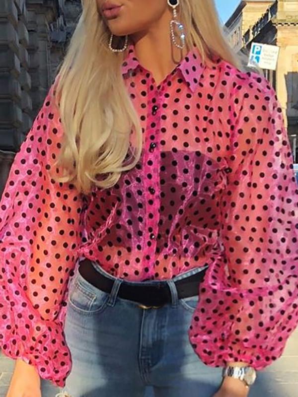 Polka Dot Transparent Turn-Down Collar Long Sleeve Women Blouses