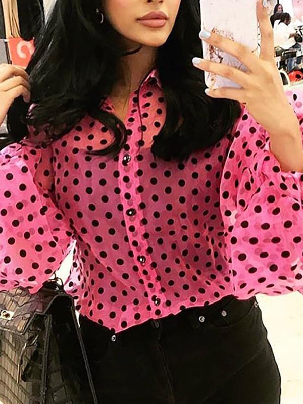 Polka Dot Transparent Turn-Down Collar Long Sleeve Women Blouses