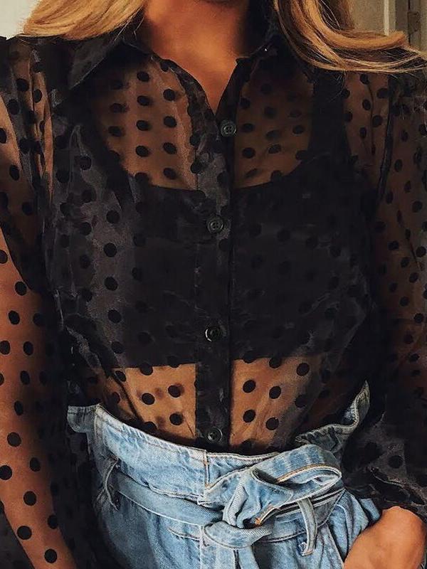 Polka Dot Transparent Turn-Down Collar Long Sleeve Women Blouses