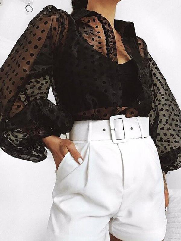 Polka Dot Transparent Turn-Down Collar Long Sleeve Women Blouses