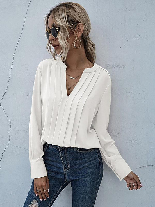 Pleated V Neck Long Sleeve Women Tops Tops Blouses