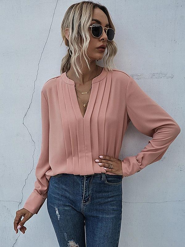 Pleated V Neck Long Sleeve Women Tops Tops Blouses