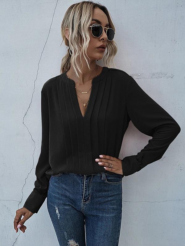 Pleated V Neck Long Sleeve Women Tops Tops Blouses