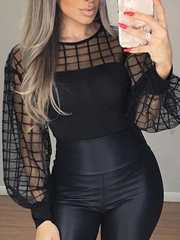 Mesh round neck long sleeve women blouses