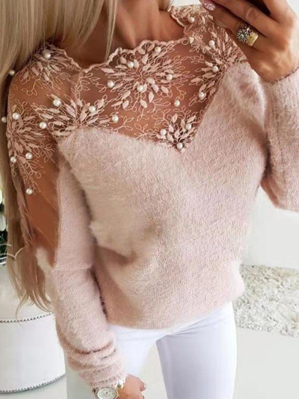 Patchwork lace round neck long sleeve women fashion sweater