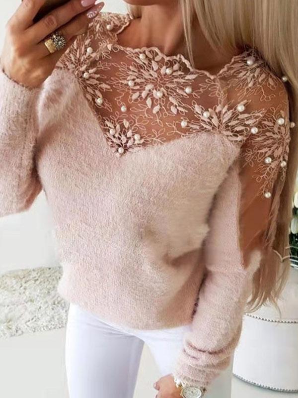 Patchwork lace round neck long sleeve women fashion sweater