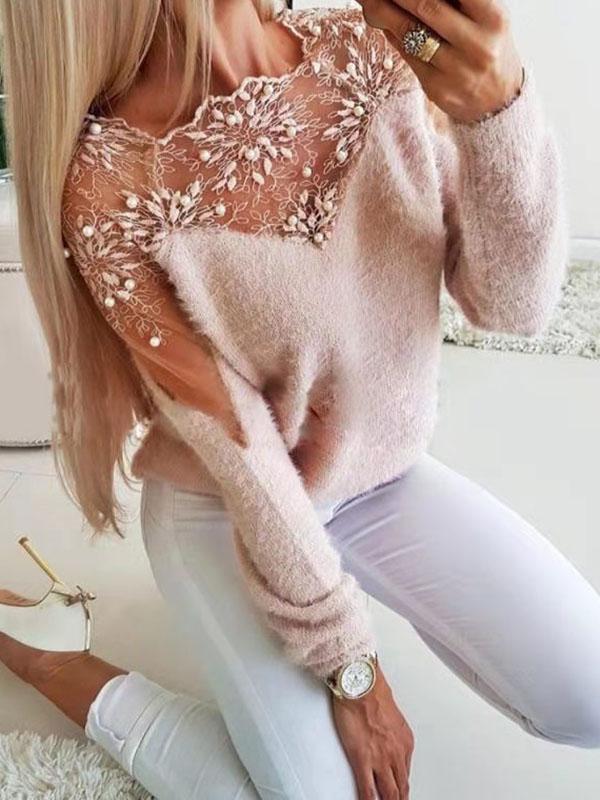 Patchwork lace round neck long sleeve women fashion sweater