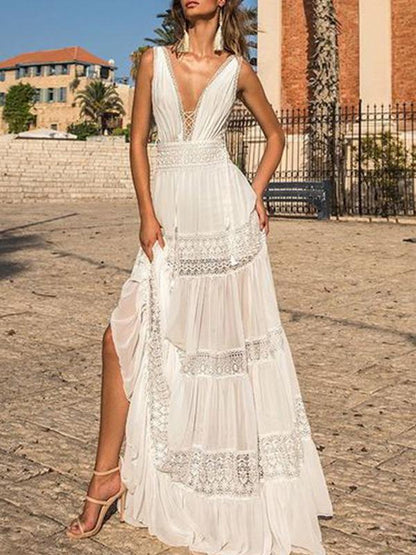 Lace V Neck Sleeveless Women Maxi Dresses Summer Dress