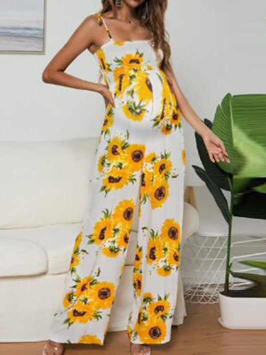 Sunflower Bandeau Spaghetti Strap Wide Leg Palazzo Pants Maternity Long Jumpsuit