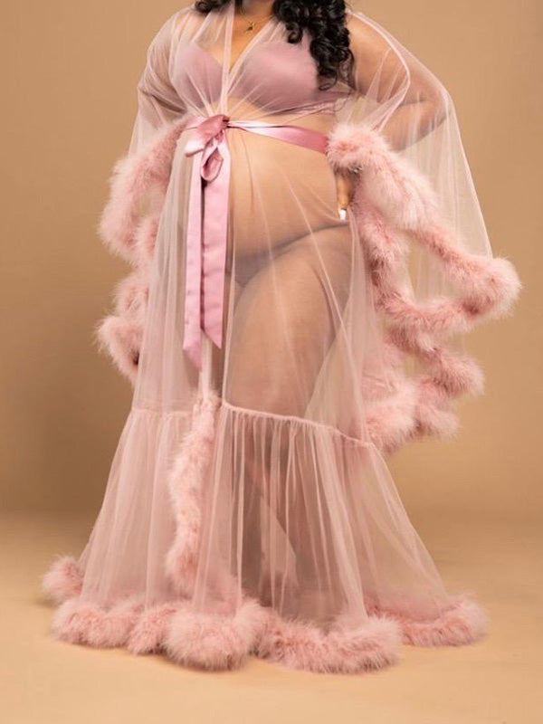 Seindeal Pink Gown Tulle Robe Fur Photoshoot Maternity Maxi Dress