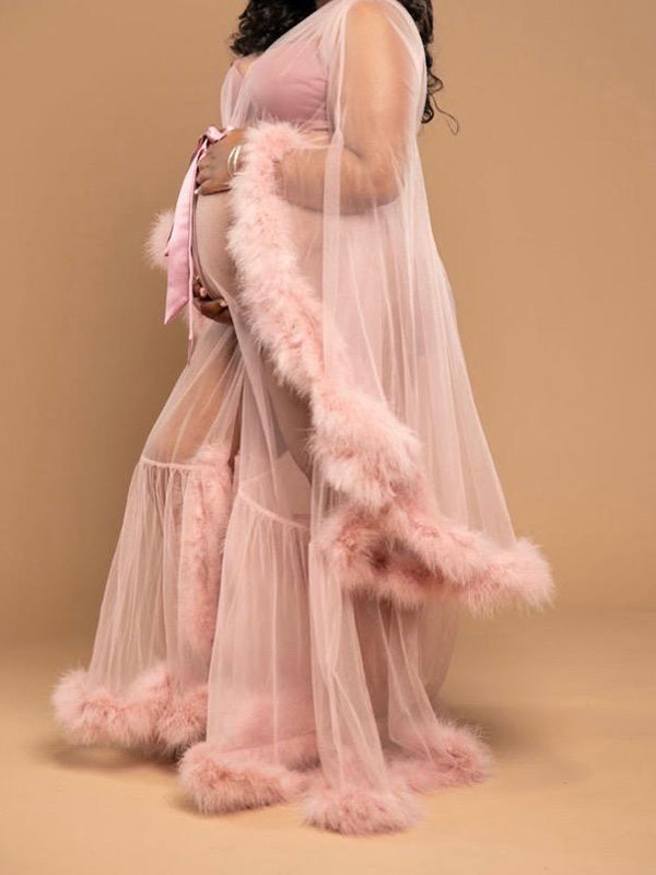 Seindeal Pink Gown Tulle Robe Fur Photoshoot Maternity Maxi Dress