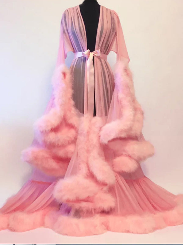 Seindeal Pink Gown Tulle Robe Fur Photoshoot Maternity Maxi Dress