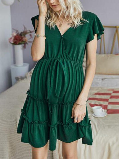 Belt Draped V-neck Flutter Sleeve Maternity Mini Dress