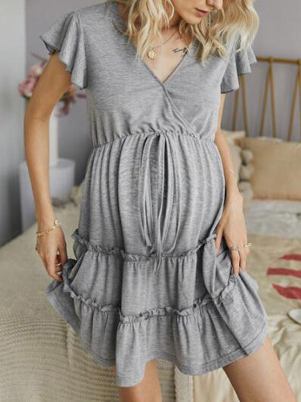 Belt Draped V-neck Flutter Sleeve Maternity Mini Dress