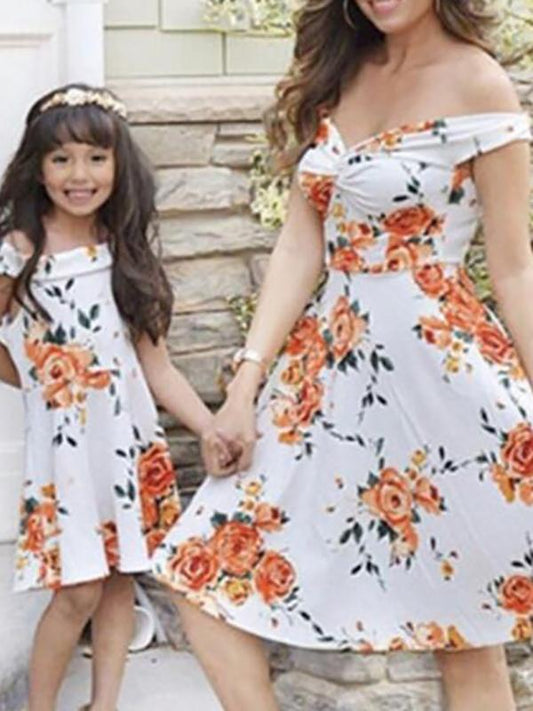 Floral Print Maternity Off Shoulder Mommy and Me Outfits Cute Midi Dress