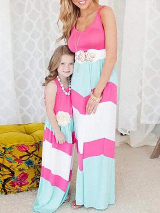 Striped Patchwork Mommy and Me Outfits Baby Shower Fashion Maxi Dress