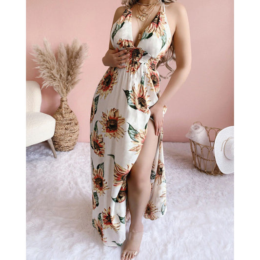 Sunflower Drawstring Side Slit Bohemian Maternity Mini Dress