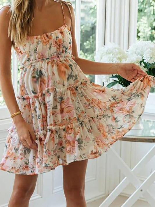 Patchwork Floral Print Ruffle Maternity Flowy Spaghetti Strap Sweet Mini Dress