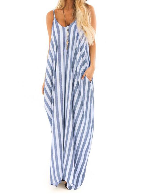 Striped Print Maternity For Babyshower Spaghetti Strap Beach Going Out Maxi Dress