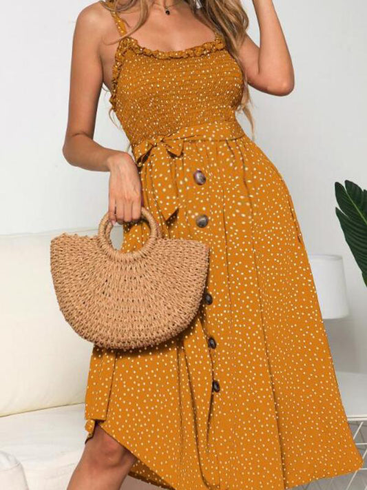 Polka Dot Print Belt Buttons Maternity For Babyshower Beach Adjust Waist Cute Midi Dress