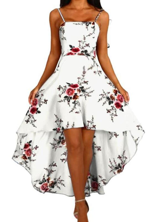 Floral Print Irregular Belt Maternity For Babyshower Spaghetti Strap High-low Vintage Midi Dress