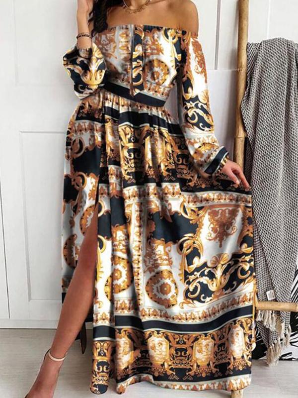 Floral Print Golden Party Maternity Off Shoulder Side Slit Lantern Sleeve Vintage Maxi Dress