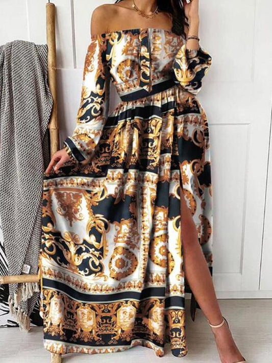 Floral Print Golden Party Maternity Off Shoulder Side Slit Lantern Sleeve Vintage Maxi Dress