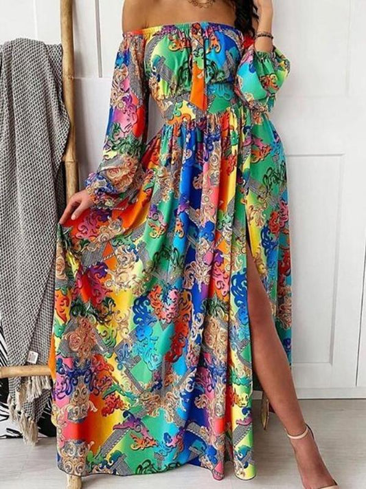 Floral Print Colorful Beach Maternity Off Shoulder Side Slit Lantern Sleeve Fashion Maxi Dress