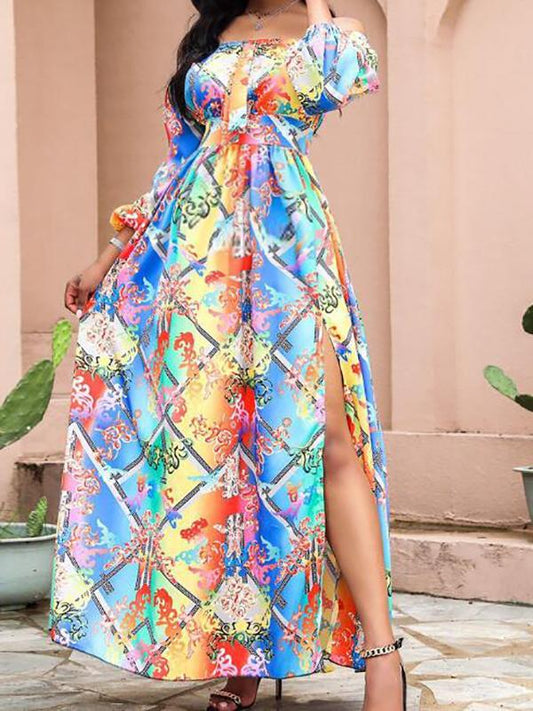 Plaid Print Colorful Maternity Off Shoulder Side Slit Lantern Sleeve Elegant Maxi Dress