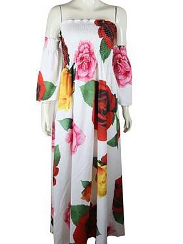 Flowers Print Ruffle Maternity For Babyshower Off Shoulder Holiday Fashion Maxi Dress