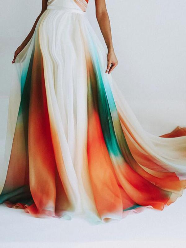 Colorful Grenadine Photoshoot Maternity Rainbow Flowy Gender Reveal Elegant Maxi Dress