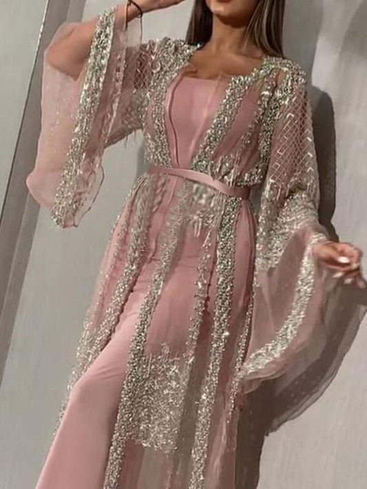 Striped Sequin Double-deck Belt Maternity For Babyshower Flare Sleeve Elegant Maxi Dress