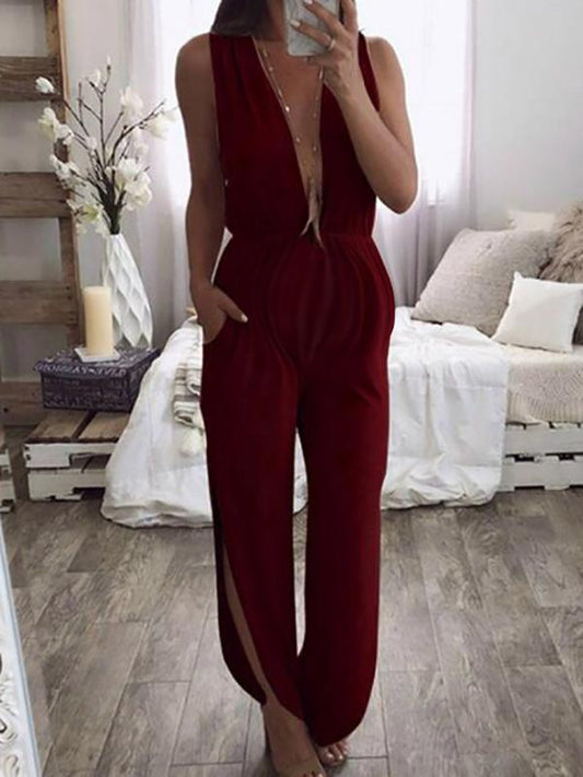 Pockets Maternity For Babyshower Deep V Slit Casual Jumpsuit