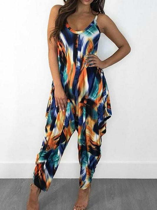 Color Block Print Ruffle Maternity Spaghetti Strap Vintage Jumpsuit