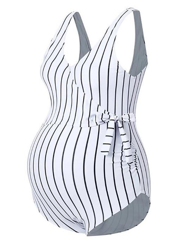 Striped Belt Maternity One Piece V-neck Fashion Swimwear