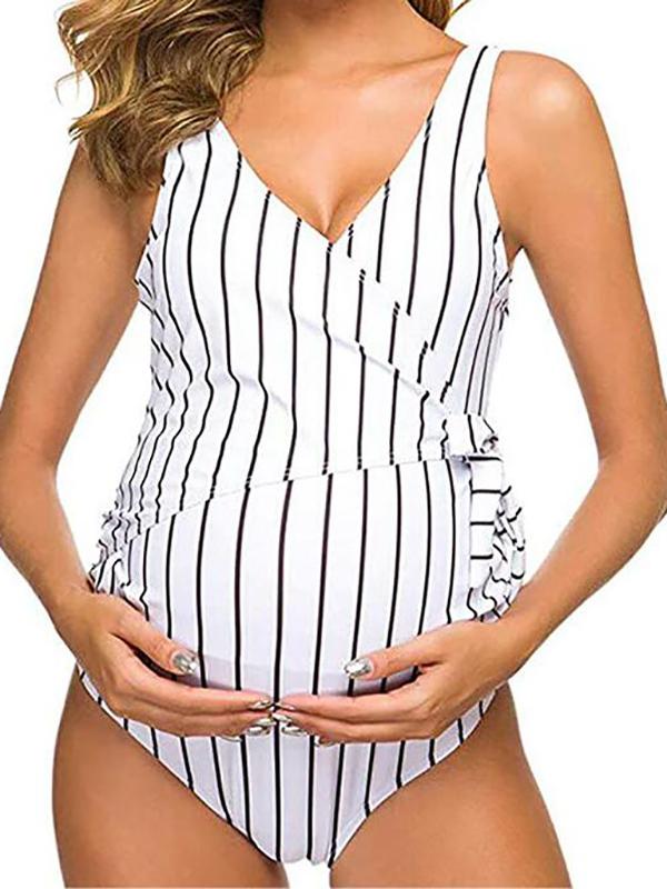 Striped Belt Maternity One Piece V-neck Fashion Swimwear