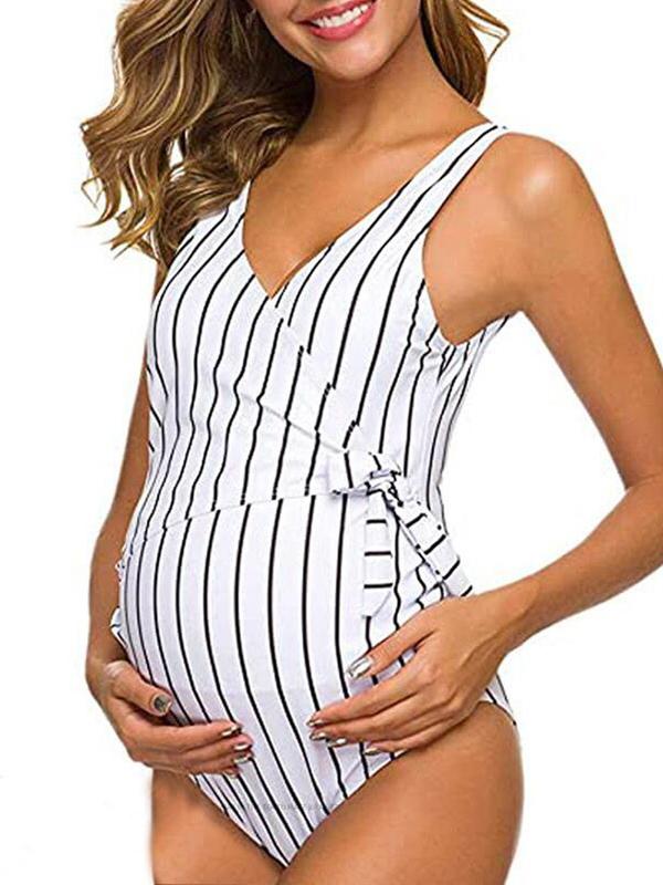 Striped Belt Maternity One Piece V-neck Fashion Swimwear